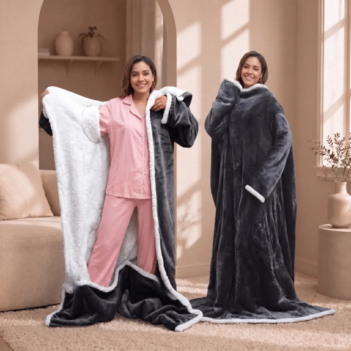 The Heat Robe — two people wearing the robe, showing front and reverse wear modes