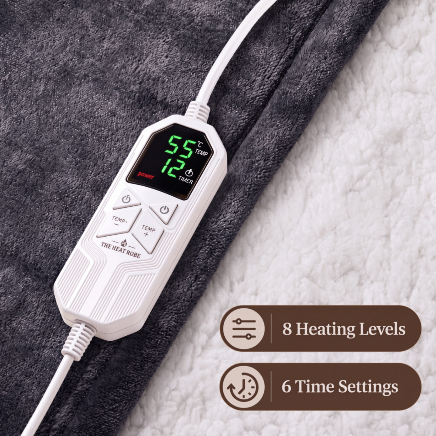 The Heat Robe digital controller showing 8 heating levels and 6 time settings