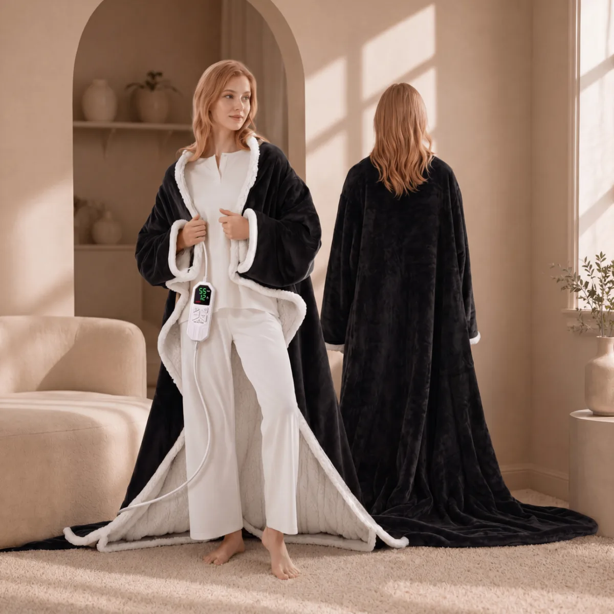 The Heat Robe — front and back views in a sunlit living room